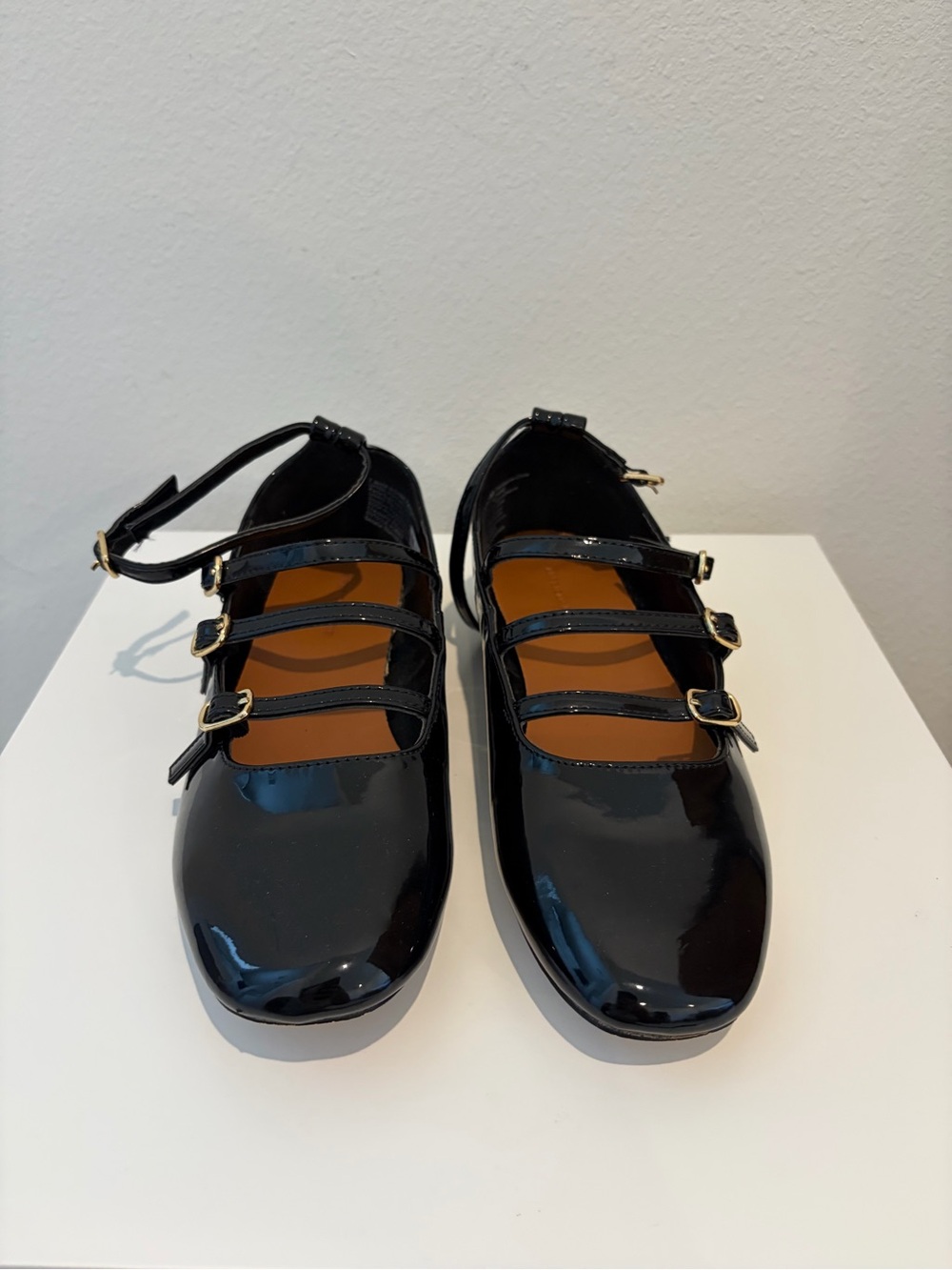 Black Patent Mary Jane Flats with Triple Strap